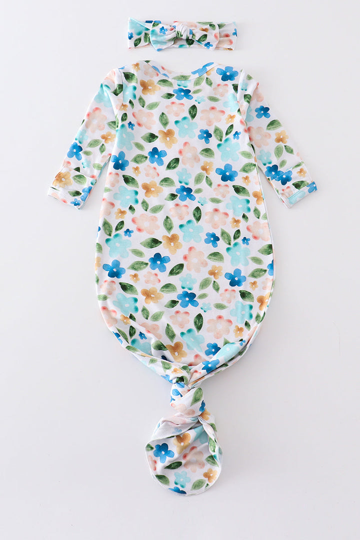 Blue Floral Print Bamboo Baby Gown