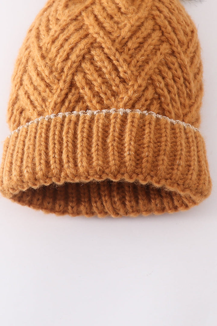 Camel Cross Cable Knit Pom Pom Beanie Hat Baby Toddler Adult