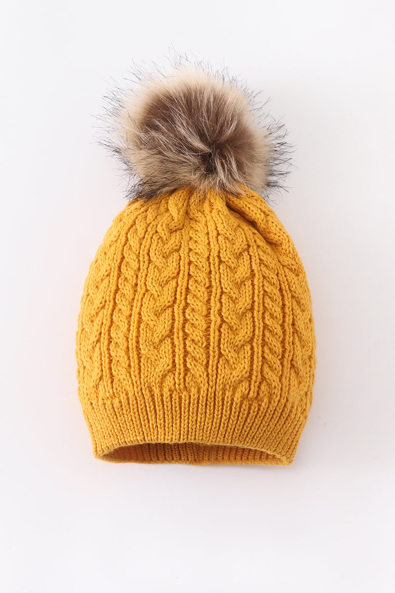 Mustard Cable Knit Pom Pom Beanie Hat Baby Toddler Adult