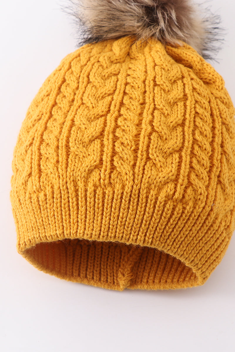 Mustard Cable Knit Pom Pom Beanie Hat Baby Toddler Adult