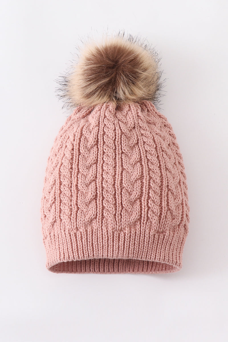 Dust Rose Cable Knit Pom Pom Beanie Hat Baby Toddler Adult