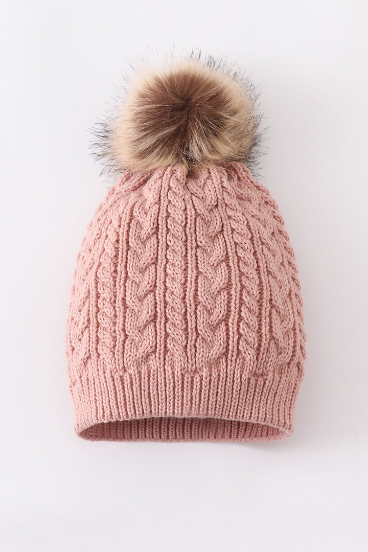 Dust Rose Cable Knit Pom Pom Beanie Hat Baby Toddler Adult