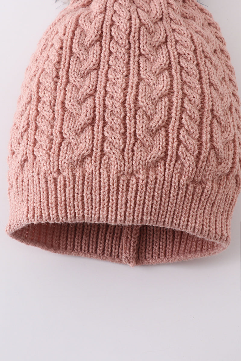 Dust Rose Cable Knit Pom Pom Beanie Hat Baby Toddler Adult