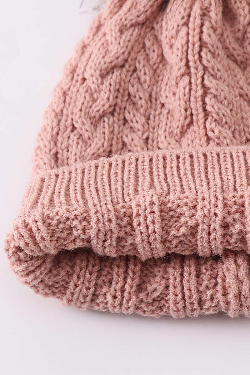 Dust Rose Cable Knit Pom Pom Beanie Hat Baby Toddler Adult