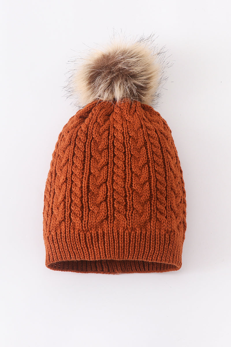 Rust Cable Knit Pom Pom Beanie Hat Baby Toddler Adult