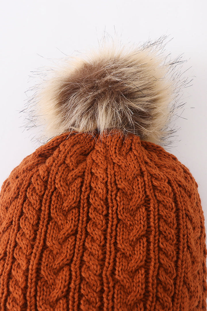 Rust Cable Knit Pom Pom Beanie Hat Baby Toddler Adult