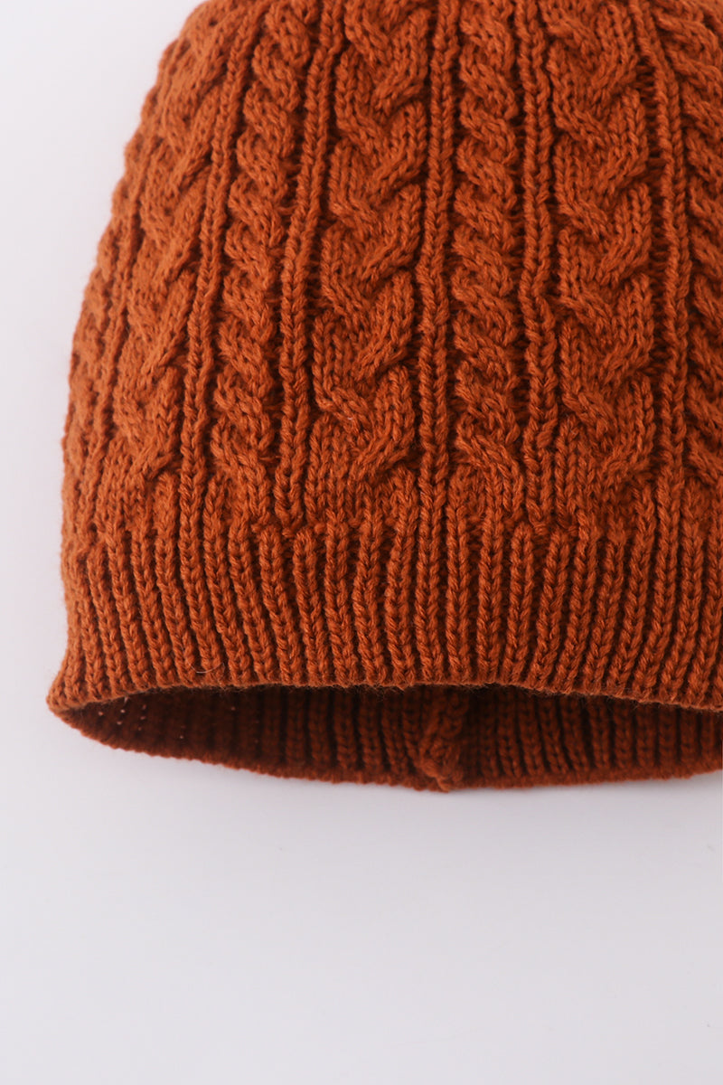 Rust Cable Knit Pom Pom Beanie Hat Baby Toddler Adult