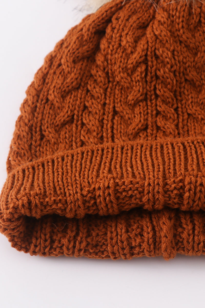 Rust Cable Knit Pom Pom Beanie Hat Baby Toddler Adult