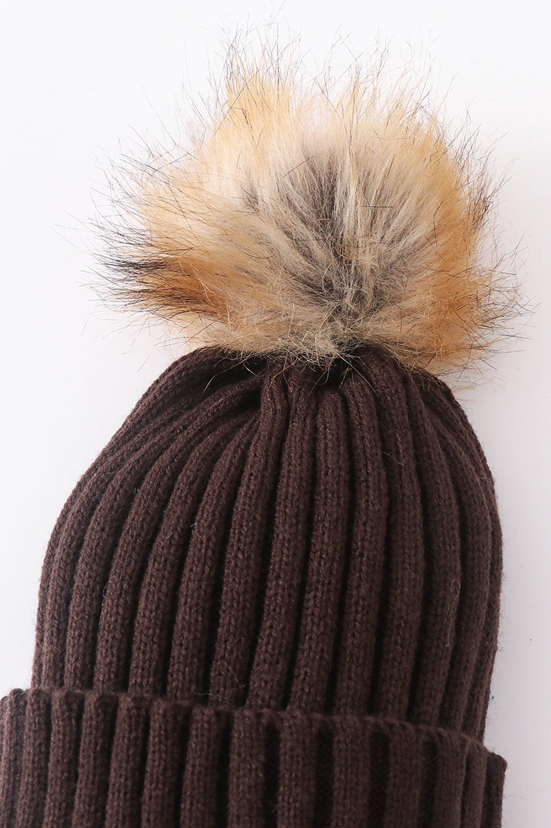 Brown Knit Pom Pom Beanie Hat Baby Toddler Adult