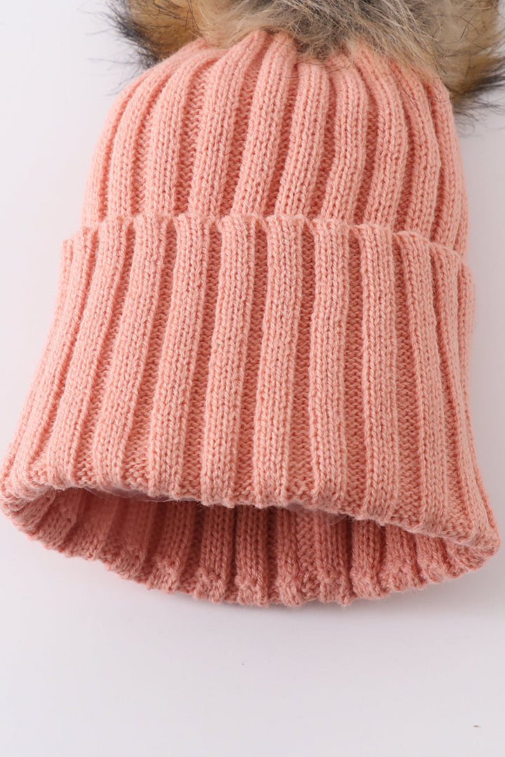 Coral Pink Knit Pom Pom Beanie Hat Baby Toddler Adult