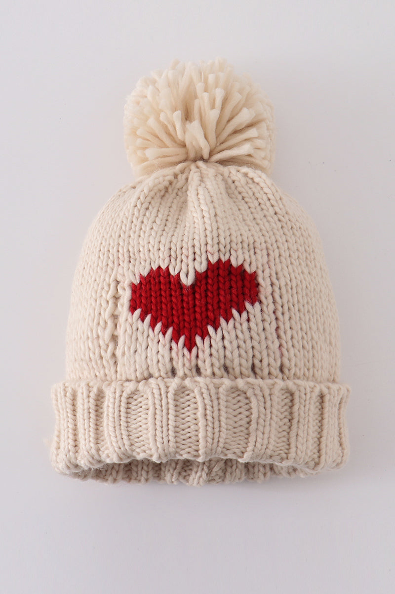 Cream Heart Knit Beanie Pom Pom Hat