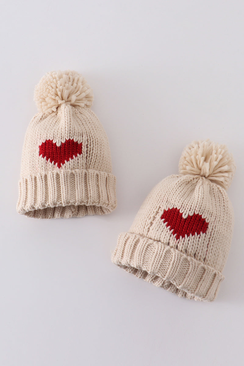 Cream Heart Knit Beanie Pom Pom Hat