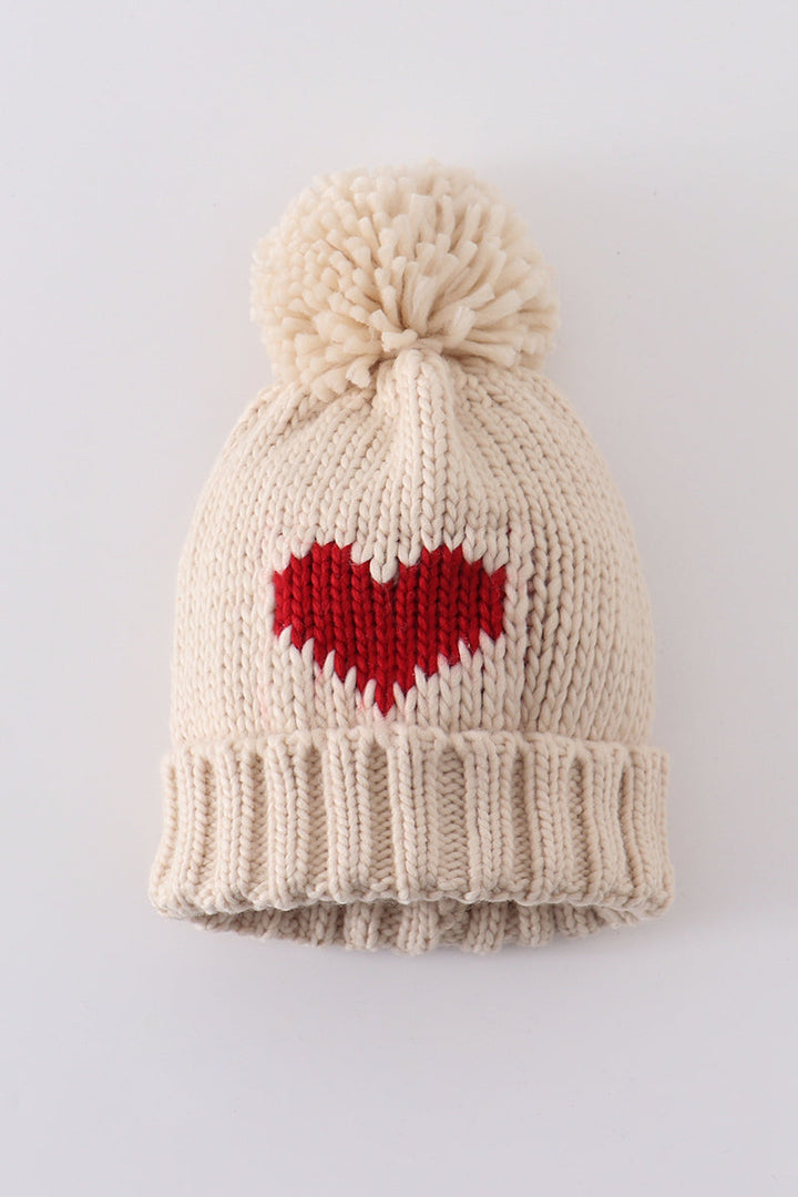 Cream Heart Knit Beanie Pom Pom Hat