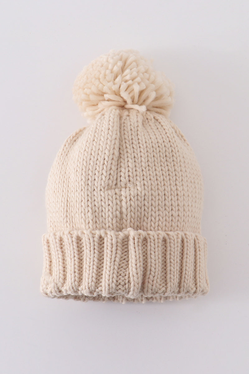 Cream Heart Knit Beanie Pom Pom Hat