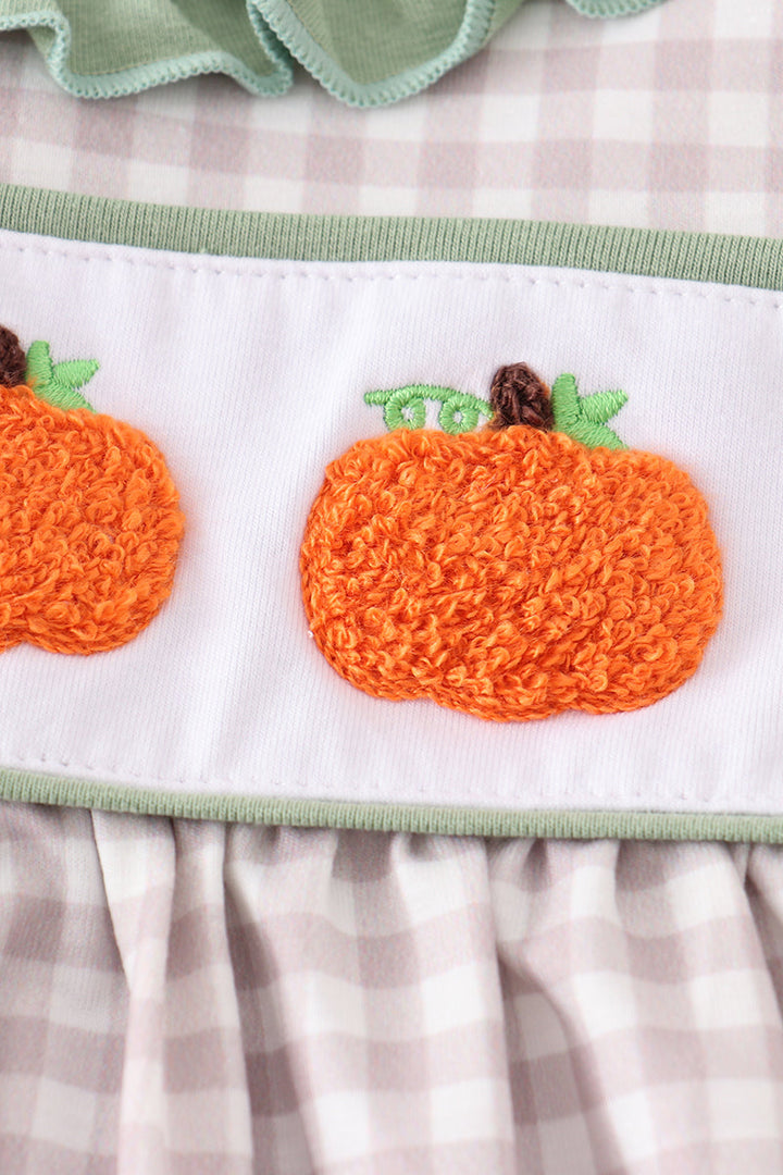 Green Plaid French Knot Pumpkin Girl Set