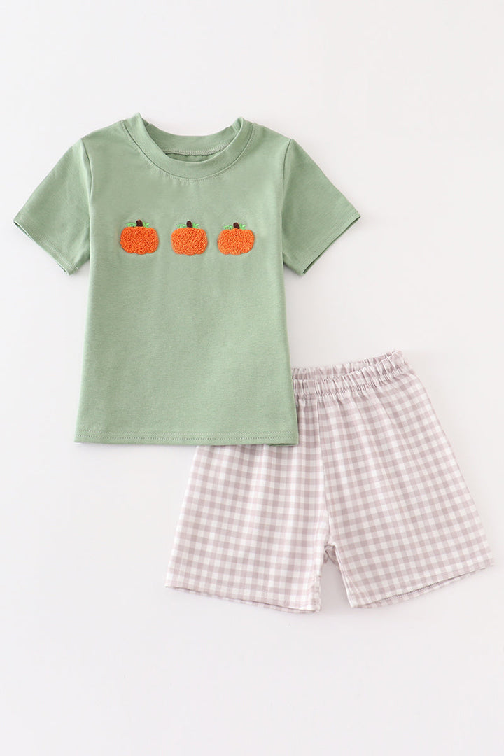 Green Plaid French Knot Pumpkin Boy Set