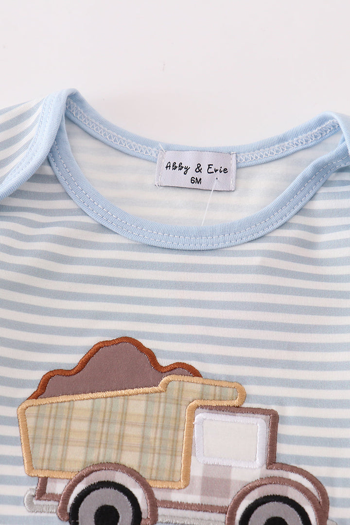 Blue Stripe Muck Car Applique Boy Romper