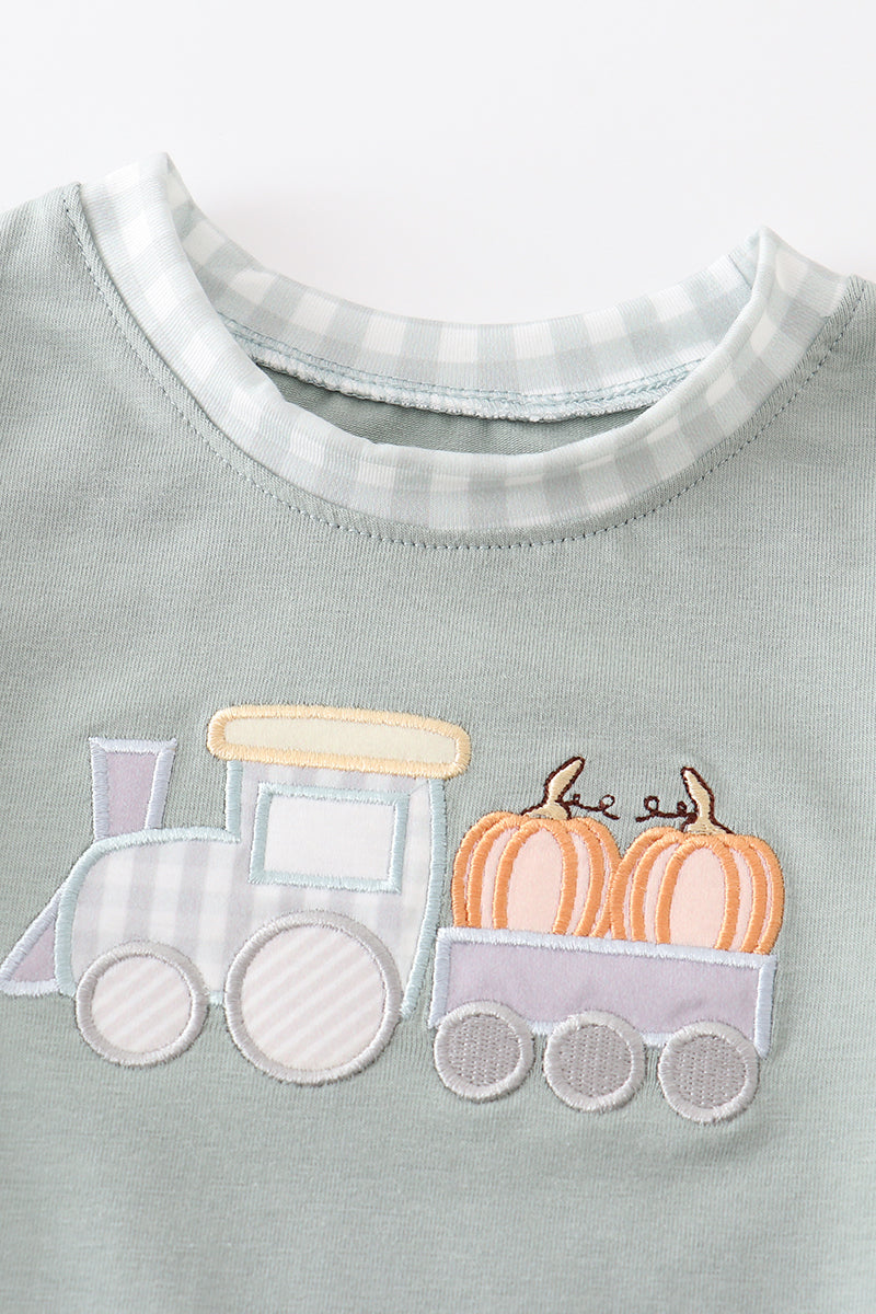 Green Train Pumpkin Applique Boy Bubble