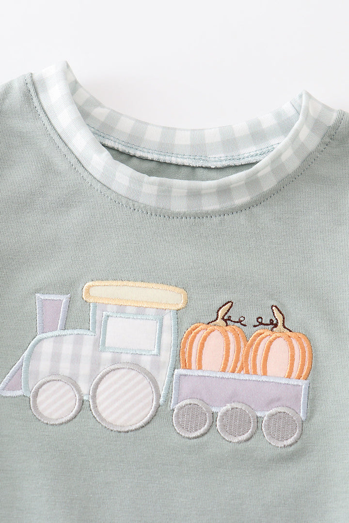 Green Train Pumpkin Applique Boy Bubble