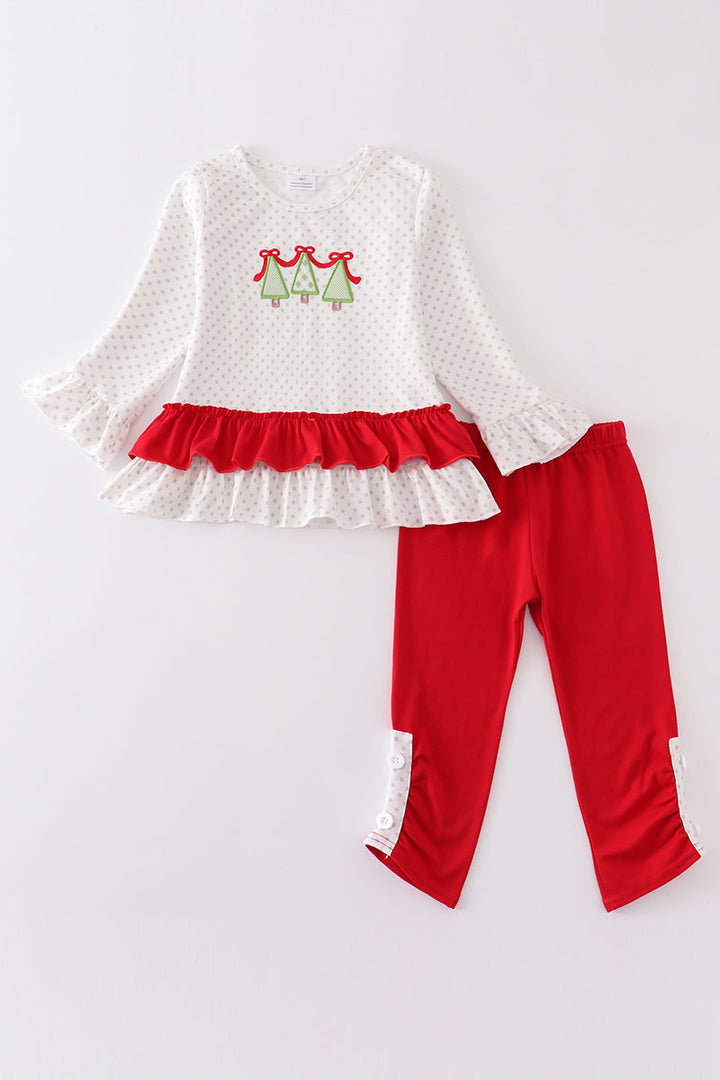 Red Christmas Tree Applique Girl Set