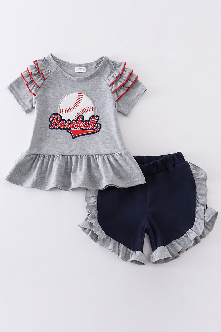 Grey Baseball Applique Ruffle Girl Set