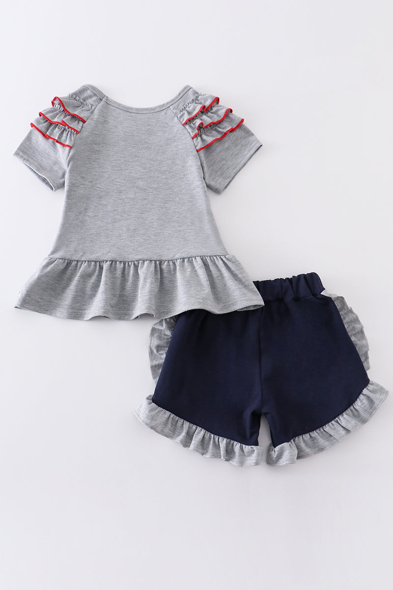 Grey Baseball Applique Ruffle Girl Set