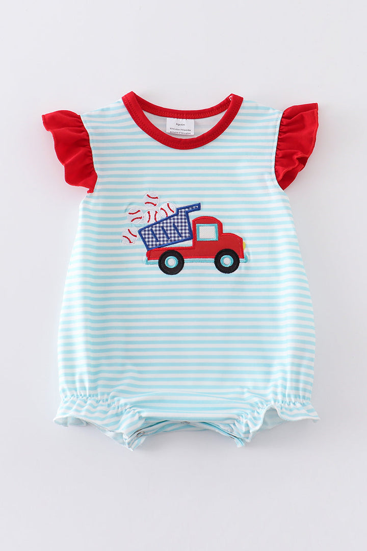 Blue Stripe Truck Baseball Applique Girl Bubble