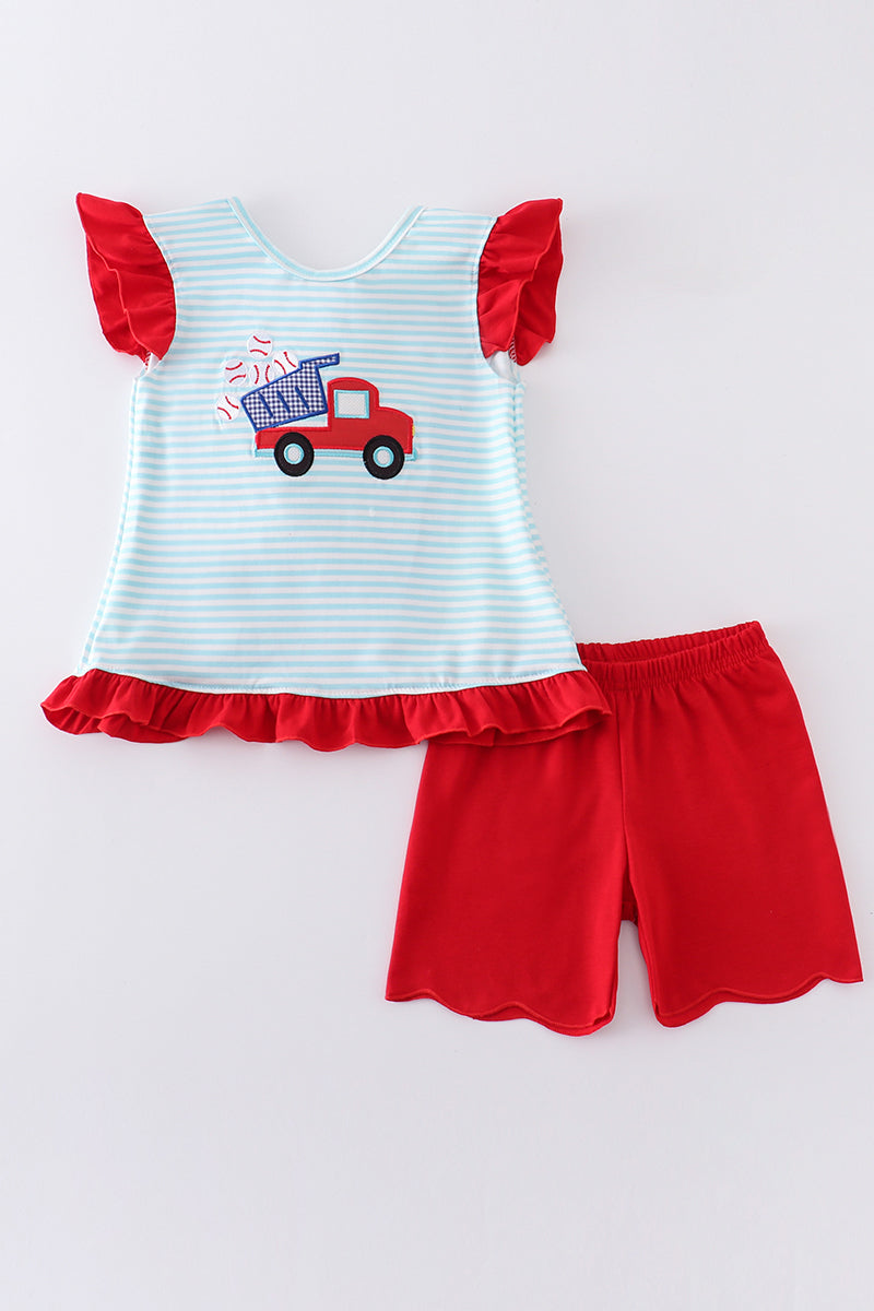 Blue Stripe Truck Baseball Applique Girl Set