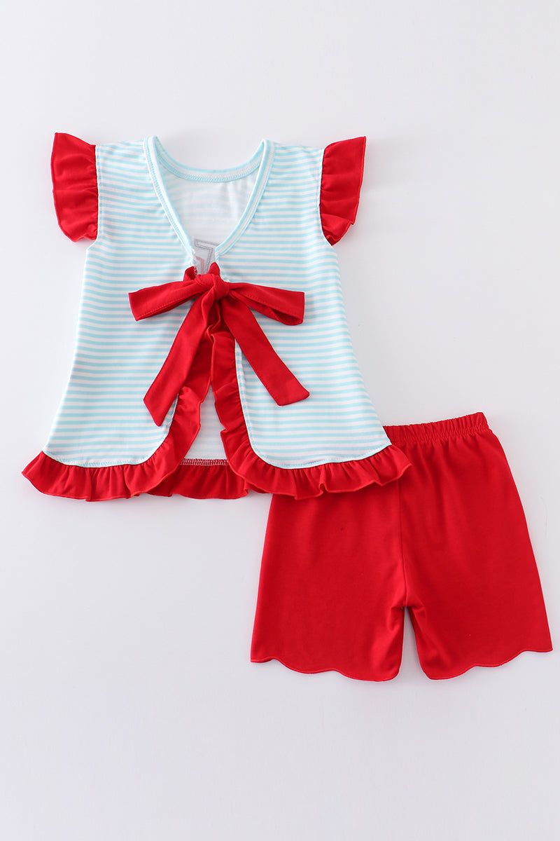 Blue Stripe Truck Baseball Applique Girl Set