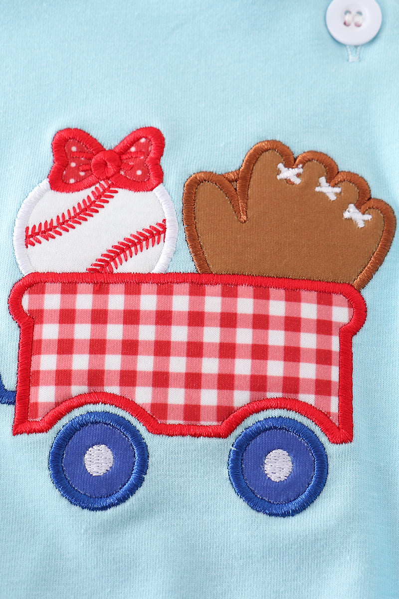 Blue Baseball Applique Girl Bubble