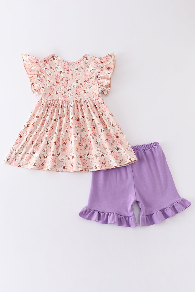 Pink Easter Bunny Print Ruffle Girl Set