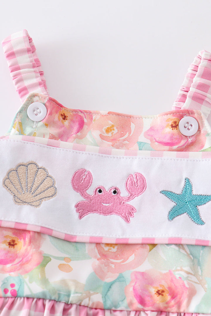 Pink Floral Print Crab Embroidery Girl Swimsuit