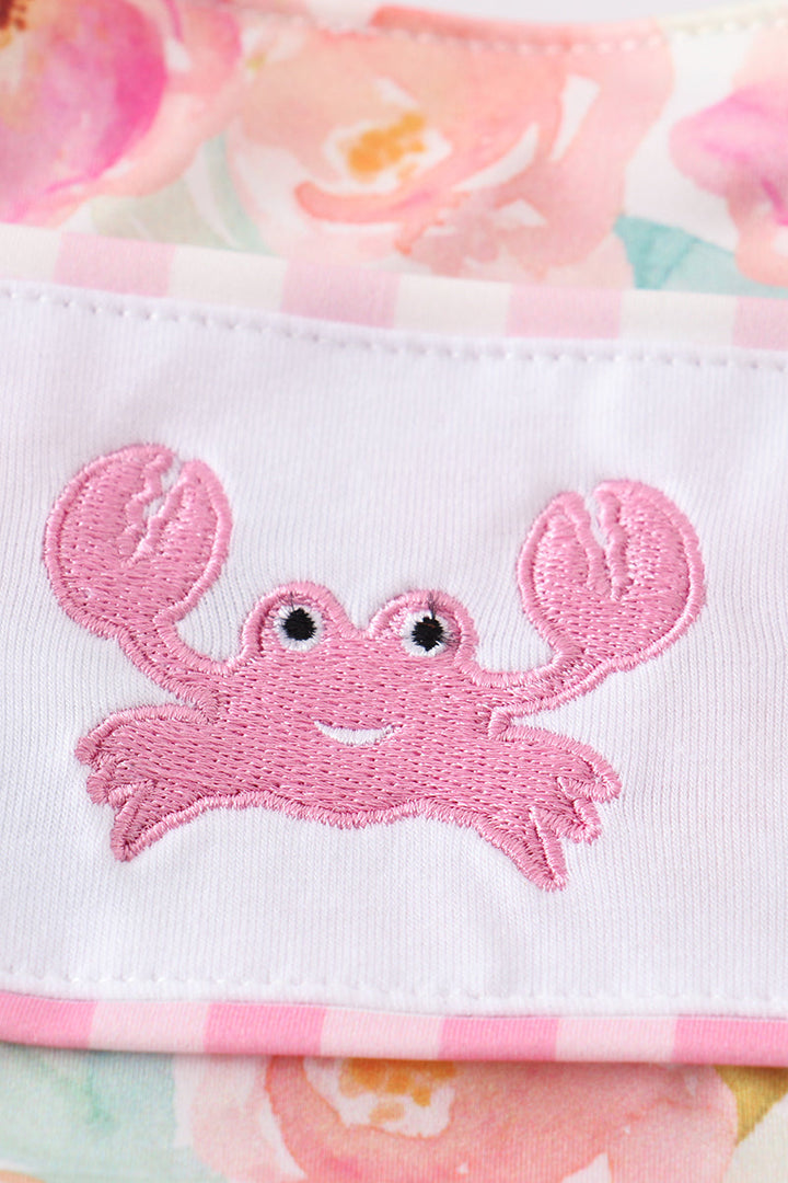 Pink Floral Print Crab Embroidery Girl Swimsuit