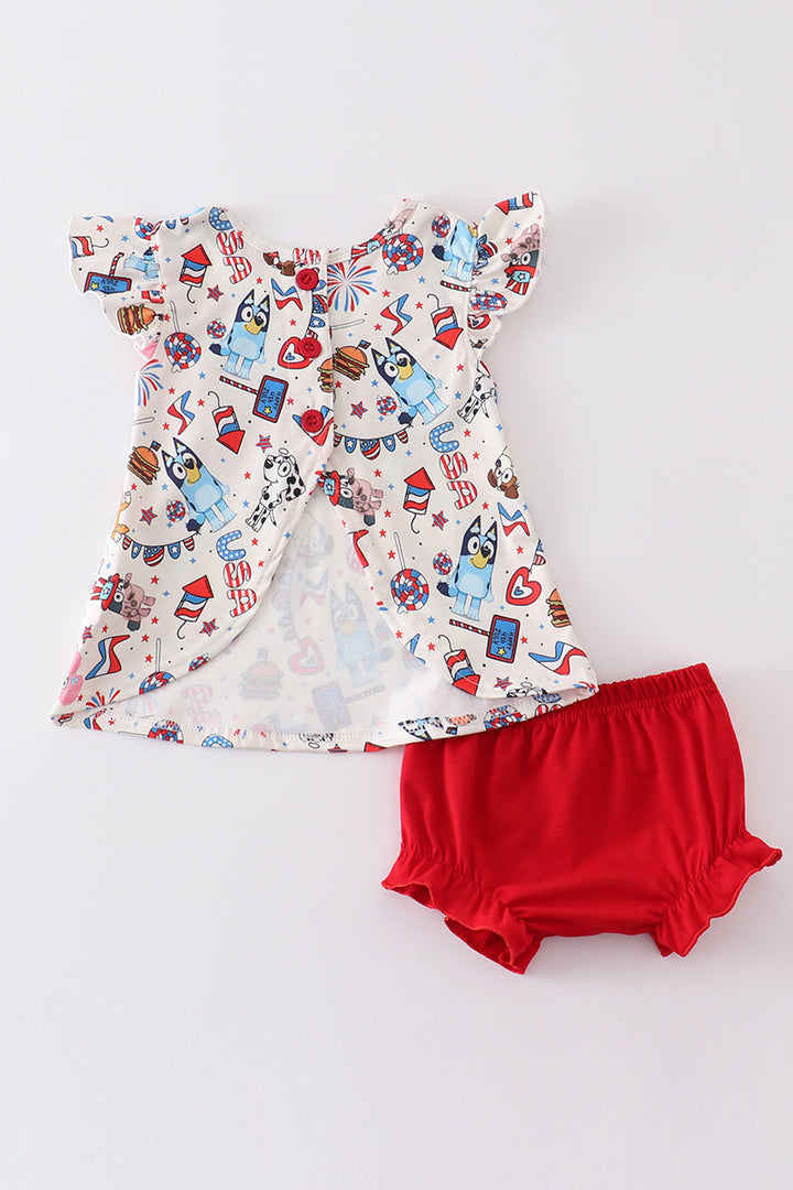 Patriotic Day Character Print Ruffle Baby Girl Set