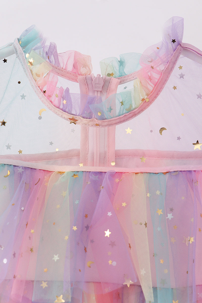 Rainbow Star Tiered Ruffle Tulle Dress