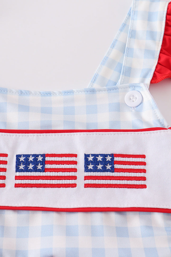 Patriotic Plaid Flag Embroidery One-piece Girl Swimsuit