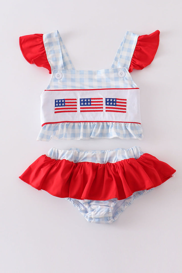 Patriotic Plaid Flag Embroidery 2pc Girl Swimsuit