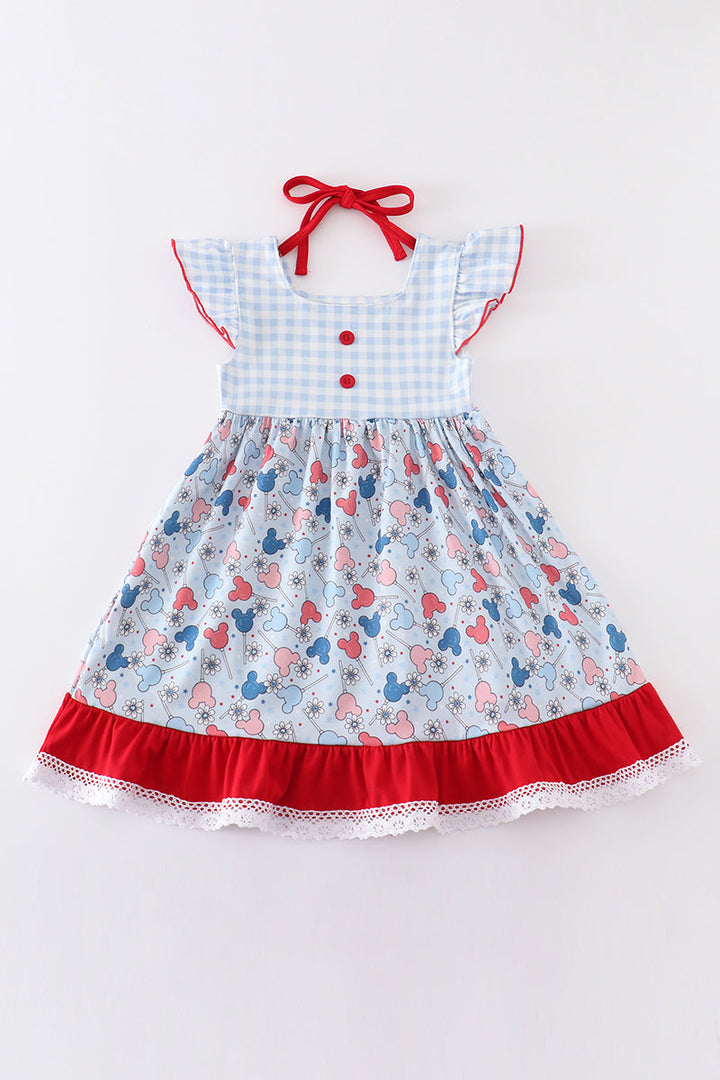 Patriotic Day Character Print Plaid Ruffle Dress