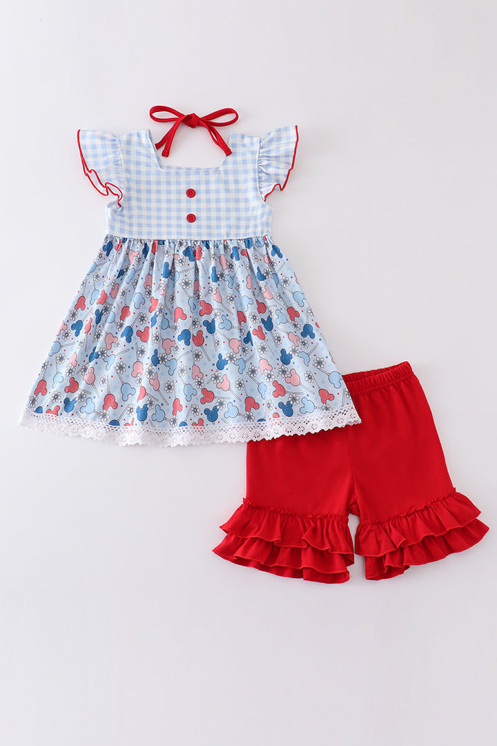 Patriotic Day Character Print Plaid Girl Set