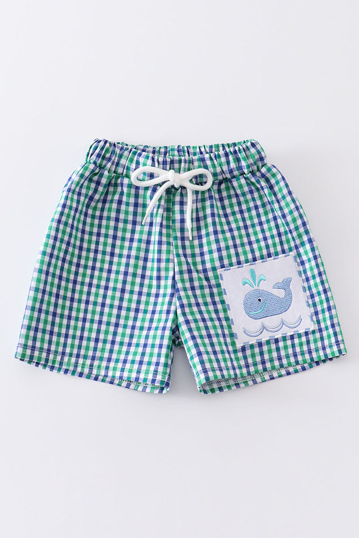 Green Whale Embroidery Plaid Boy Trunks