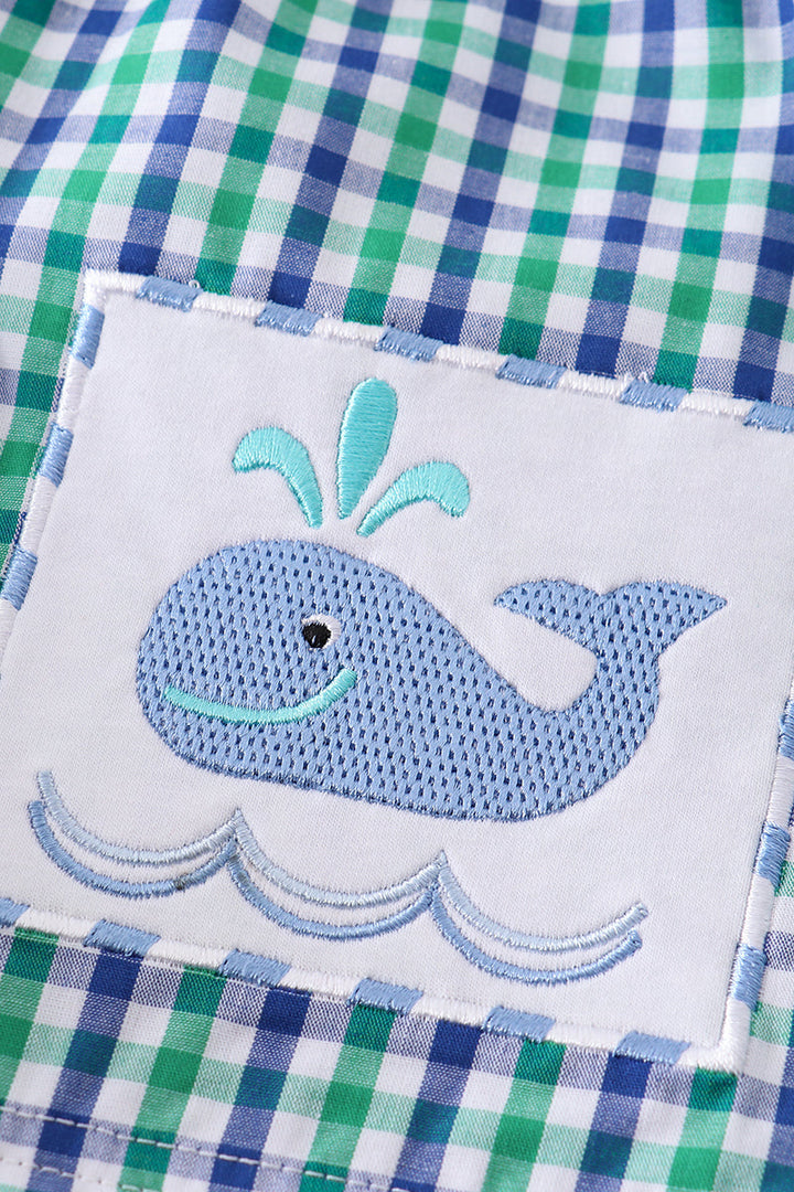 Green Whale Embroidery Plaid Boy Trunks