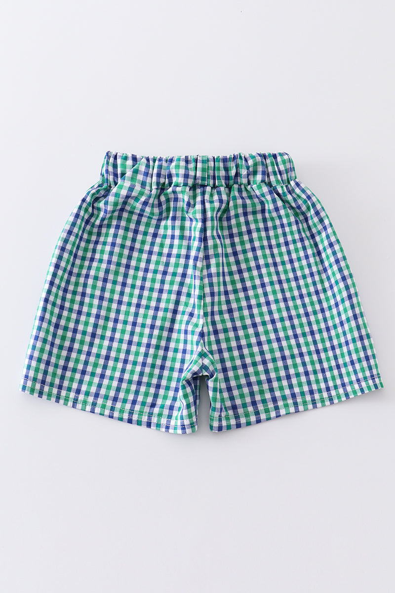 Green Whale Embroidery Plaid Boy Trunks