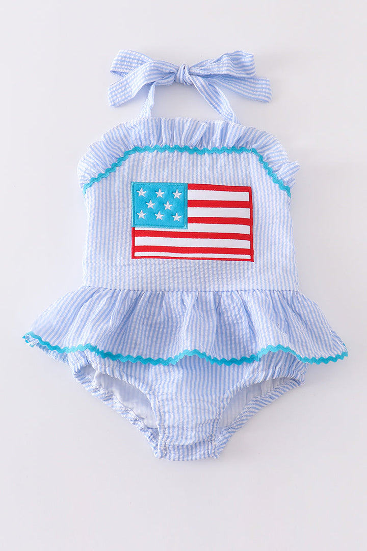 Blue Patriotic Flag Applique Seersucker One-piece Girl Swimsuit