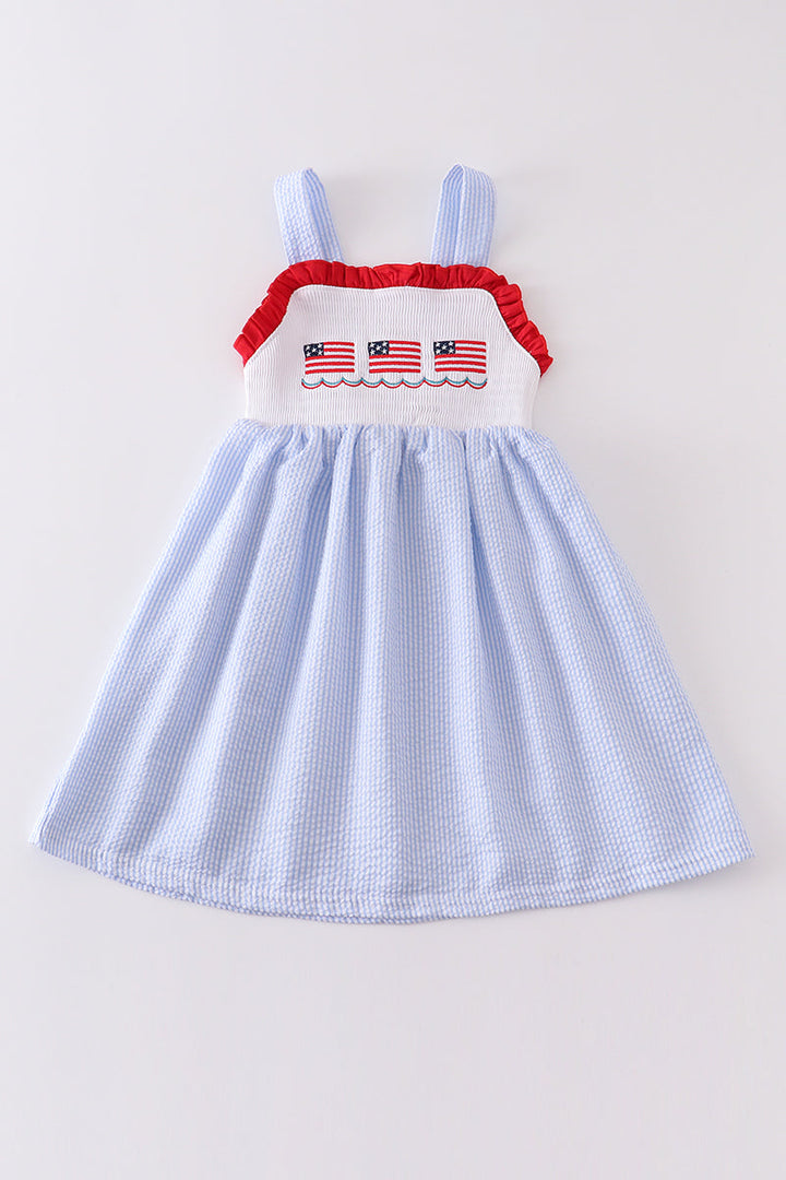 Patriotic Flag Embroidery Seersucker Strap Dress