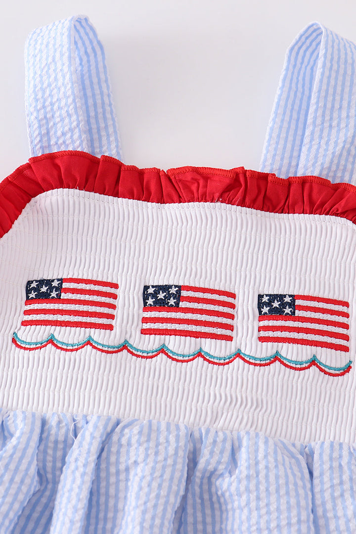 Patriotic Flag Embroidery Seersucker Strap Dress