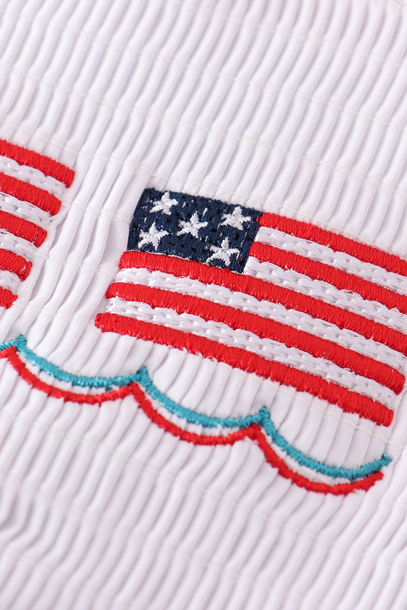 Patriotic Flag Embroidery Seersucker Strap Dress