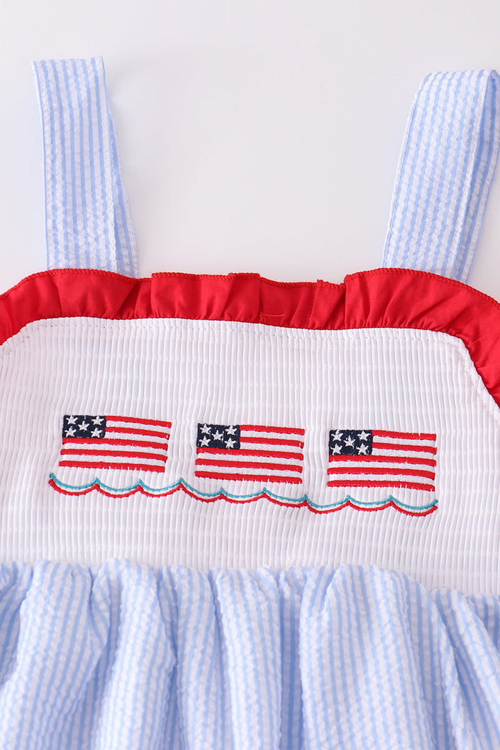 Patriotic Flag Embroidery Seersucker Girl Set