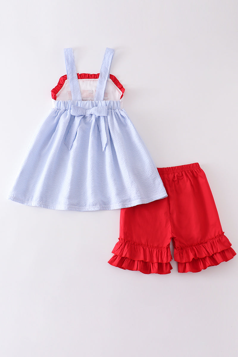 Patriotic Flag Embroidery Seersucker Girl Set