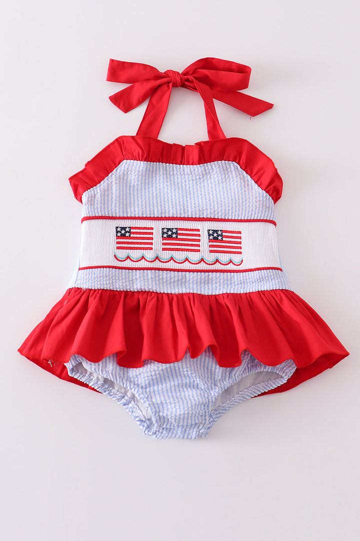 Patriotic Flag Embroidery Smocked Seersucker One-piece Girl Swimsuit