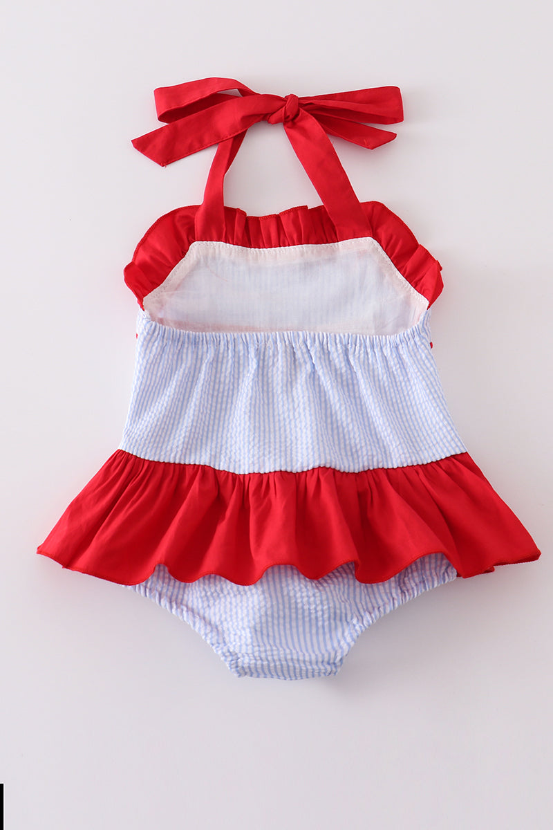 Patriotic Flag Embroidery Smocked Seersucker One-piece Girl Swimsuit